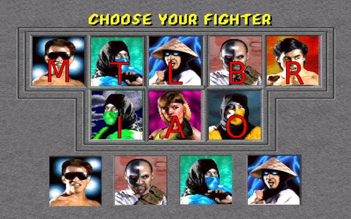 Mortal Kombat character-select board with letters over eight upper portraits and Johnny Cage, Kano, Sub-Zero, and Raiden shown beneath it